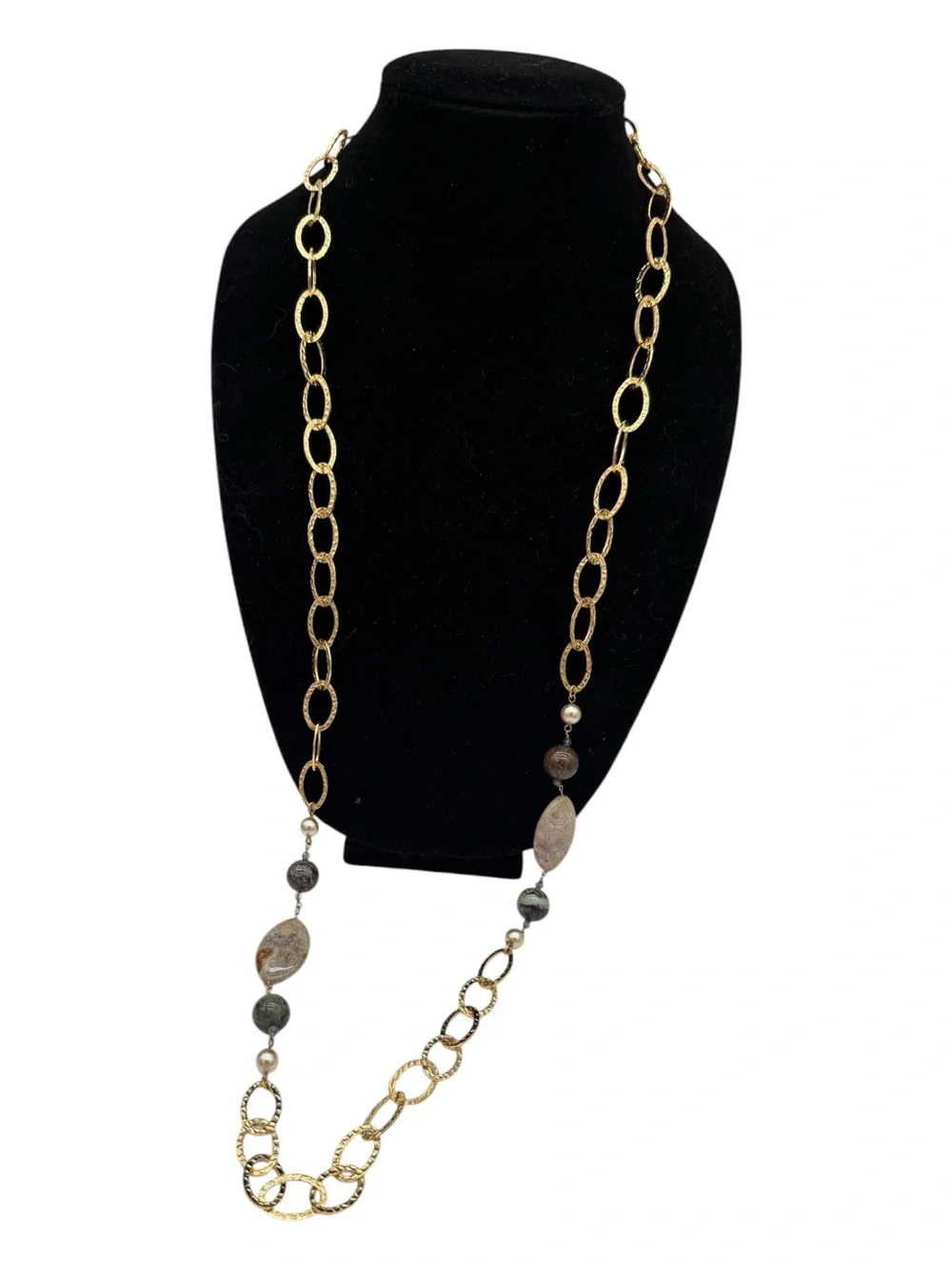 David Aubrey Vintage 18K Gold Plated HammeredChain Necklace w/ Real Stone